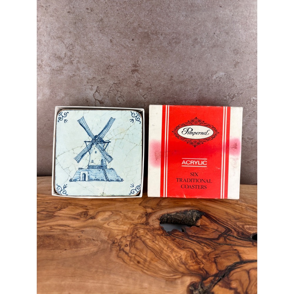 Vintage Pimpernel Windmill Acrylic Coasters Set of 6 Blue White Delft Style UK - Picture 13 of 13